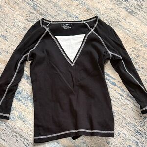 Free People Black Long Sleeve Top with White Accents